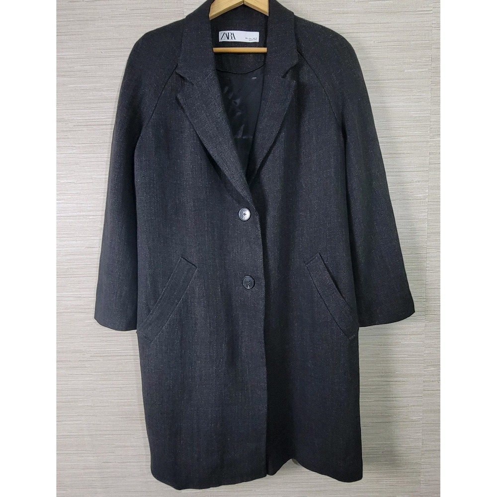 ZARA Womans Linen Cotton Blend Long Blazer Coat Gray 2 Button Size Large